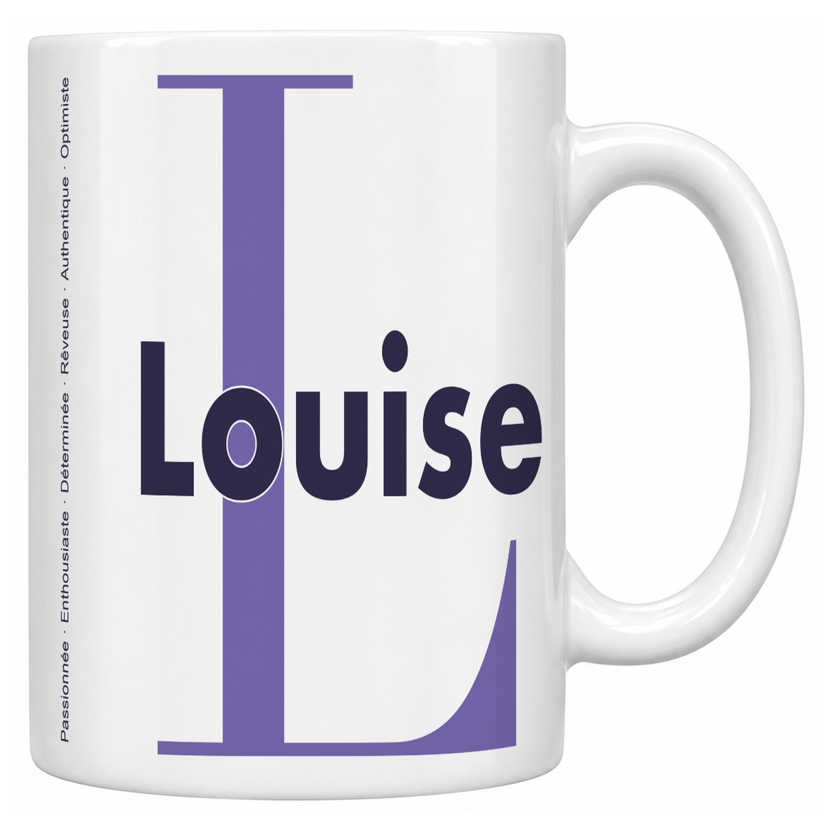 Mug blanc céramique 330 ml prénom Louise : grande initiale L, prénom Louise en lettres bold et six qualités verticales sur le côté