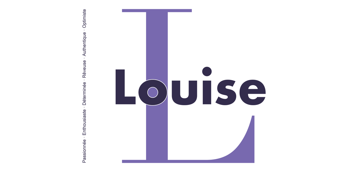 Visuel à plat du mug prénom Louise : initiale L pleine hauteur, prénom Louise centré et ligne verticale « Passionnée · Enthousiaste · Déterminée · Rêveuse · Authentique · Optimiste »