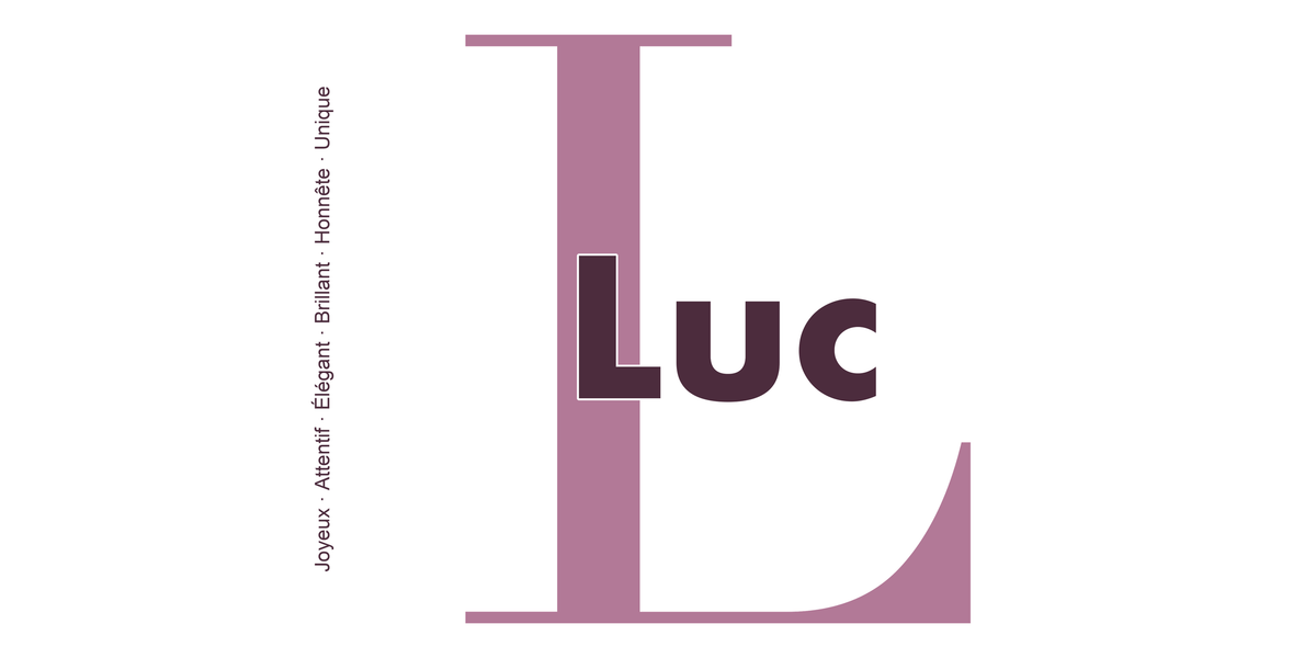 Visuel à plat du mug prénom Luc : initiale L pleine hauteur, prénom Luc centré et ligne verticale « Joyeux · Attentif · Élégant · Brillant · Honnête · Unique »