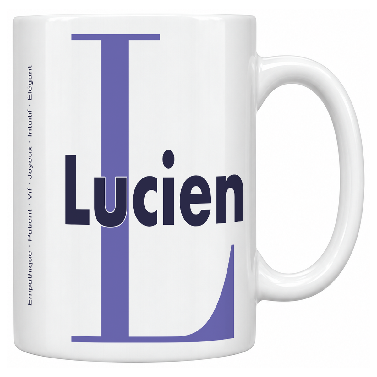 Mug blanc céramique 330 ml prénom Lucien : grande initiale L, prénom Lucien en lettres bold et six qualités verticales sur le côté