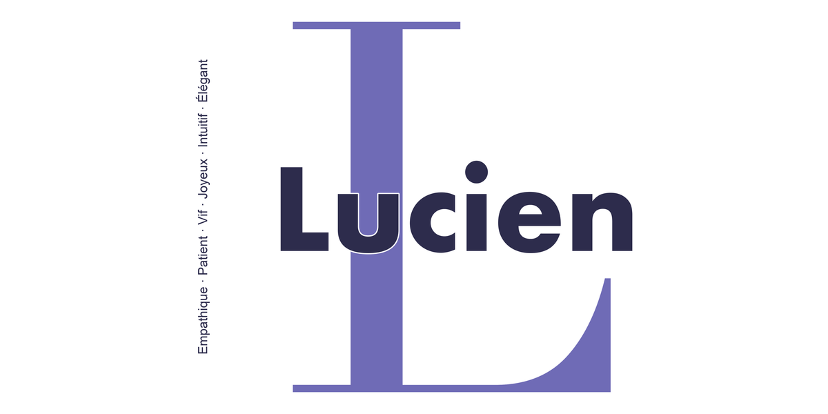 Visuel à plat du mug prénom Lucien : initiale L pleine hauteur, prénom Lucien centré et ligne verticale « Empathique · Patient · Vif · Joyeux · Intuitif · Élégant »