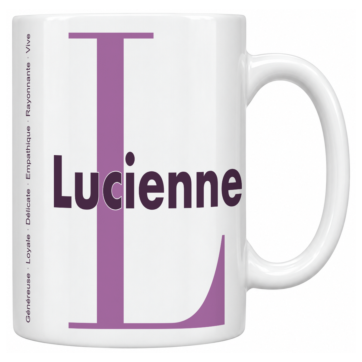 Mug blanc céramique 330 ml prénom Lucienne : grande initiale L, prénom Lucienne en lettres bold et six qualités verticales sur le côté