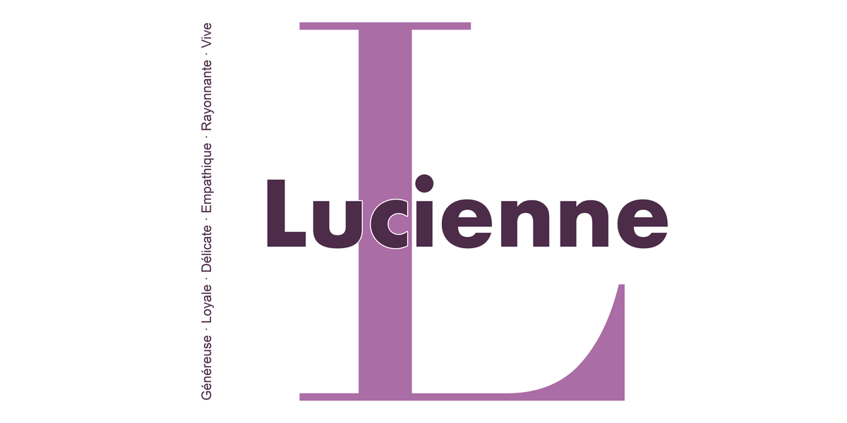 Visuel à plat du mug prénom Lucienne : initiale L pleine hauteur, prénom Lucienne centré et ligne verticale « Généreuse · Loyale · Délicate · Empathique · Rayonnante · Vive »