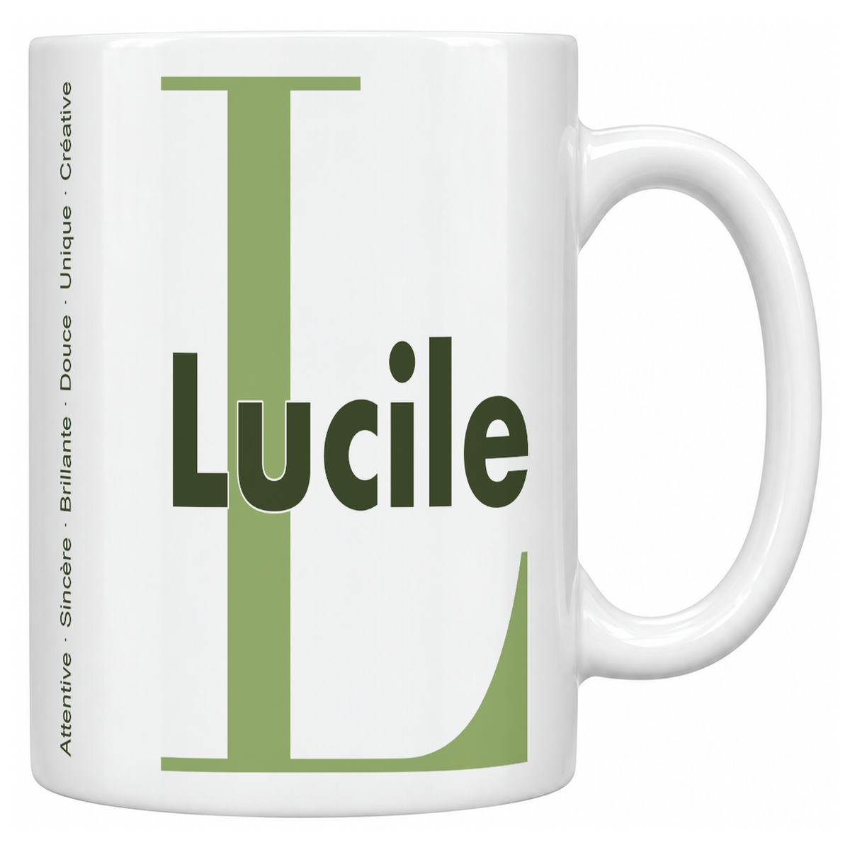 Mug blanc céramique 330 ml prénom Lucile : grande initiale L, prénom Lucile en lettres bold et six qualités verticales sur le côté