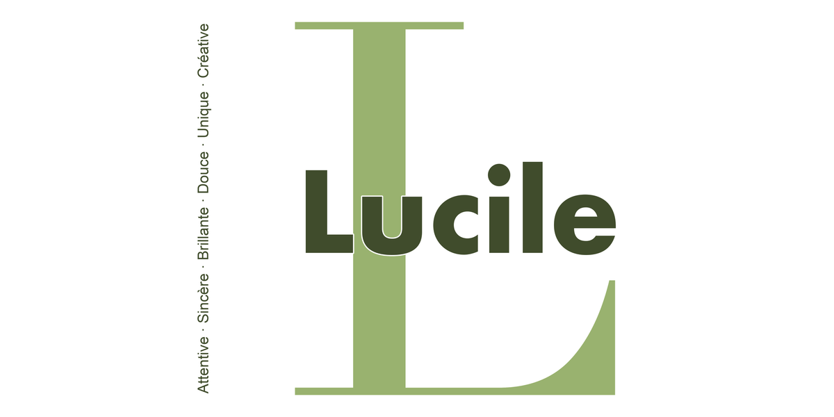 Visuel à plat du mug prénom Lucile : initiale L pleine hauteur, prénom Lucile centré et ligne verticale « Attentive · Sincère · Brillante · Douce · Unique · Créative »