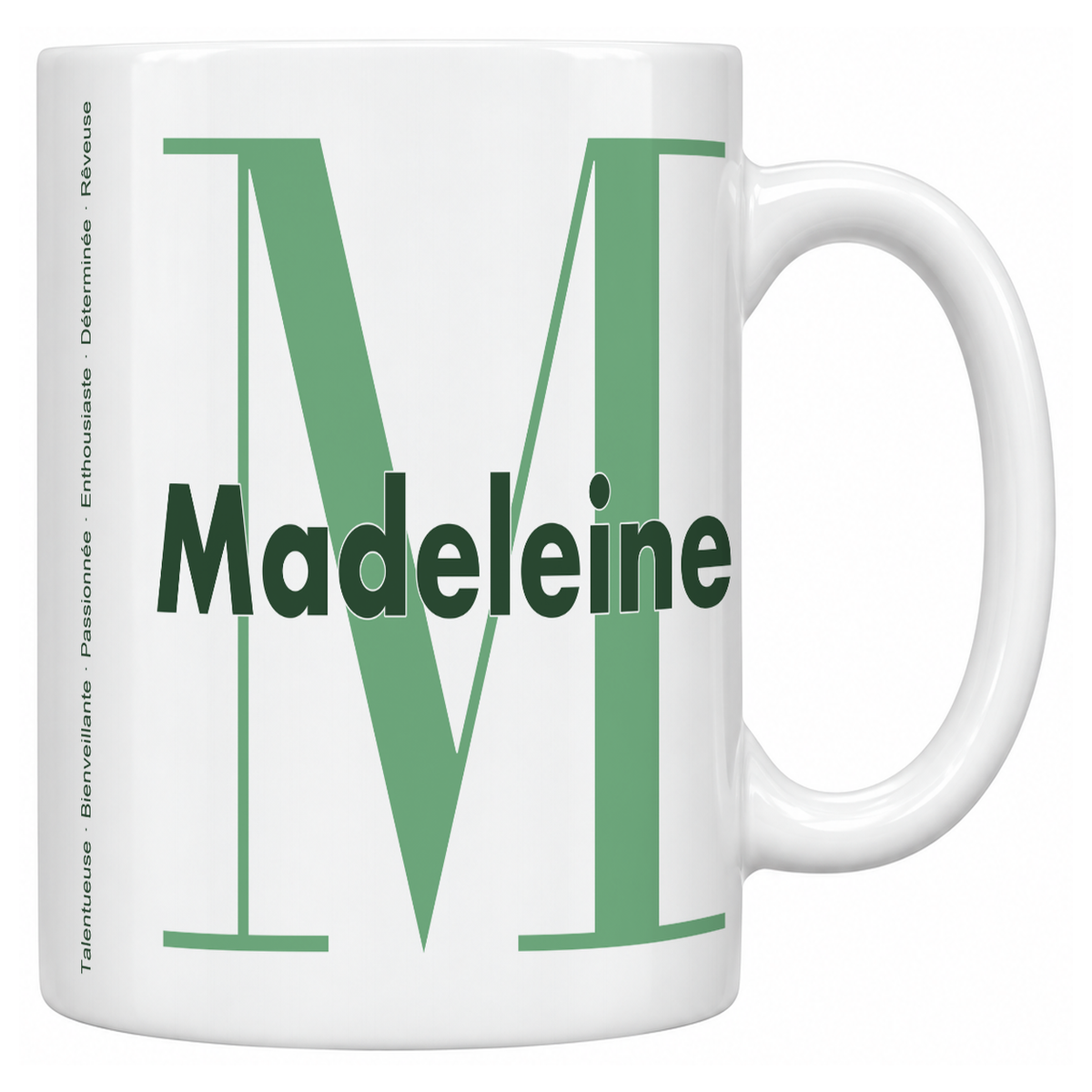 Mug blanc céramique 330 ml prénom Madeleine : grande initiale M, prénom Madeleine en lettres bold et six qualités verticales sur le côté