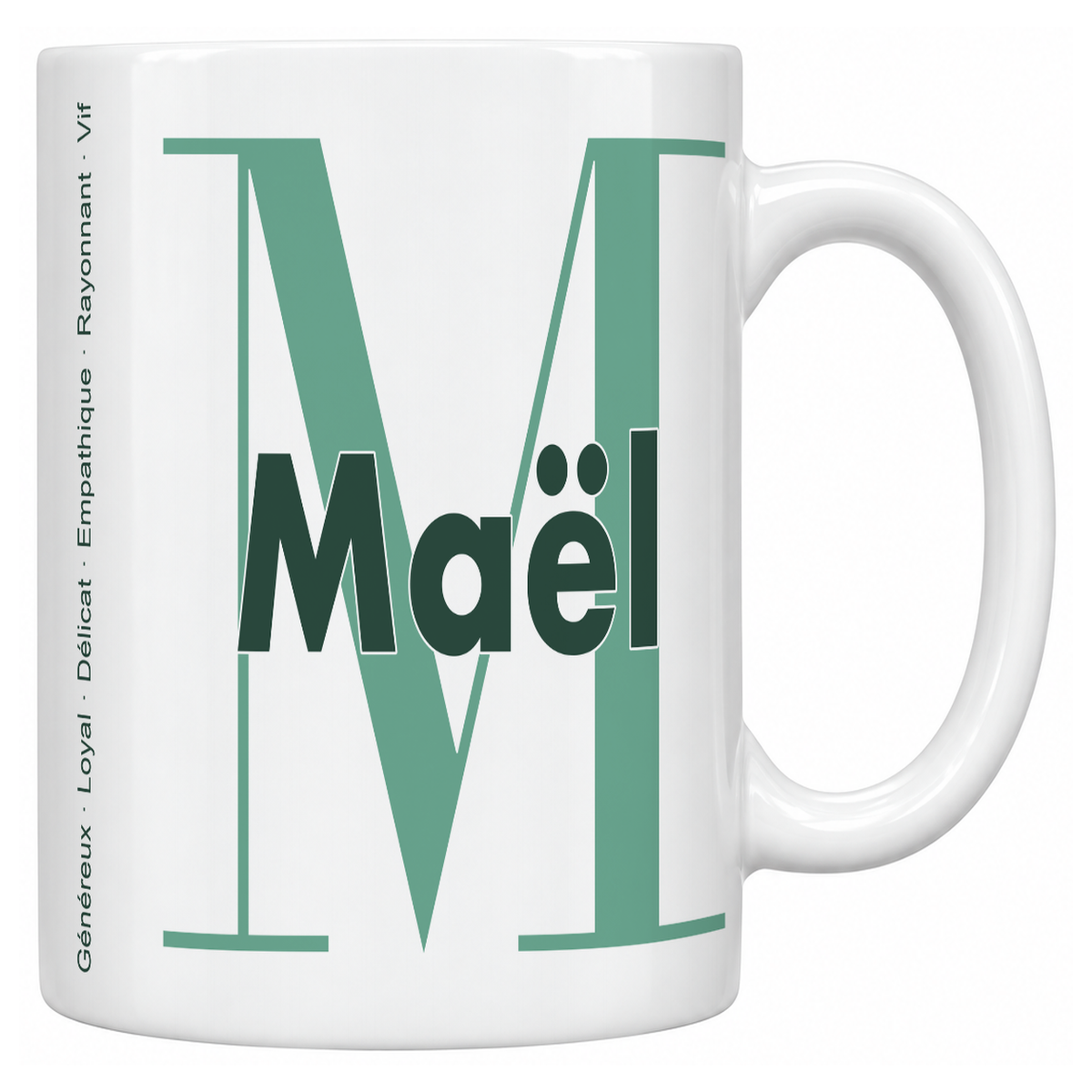 Mug blanc céramique 330 ml prénom Maël : grande initiale M, prénom Maël en lettres bold et six qualités verticales sur le côté
