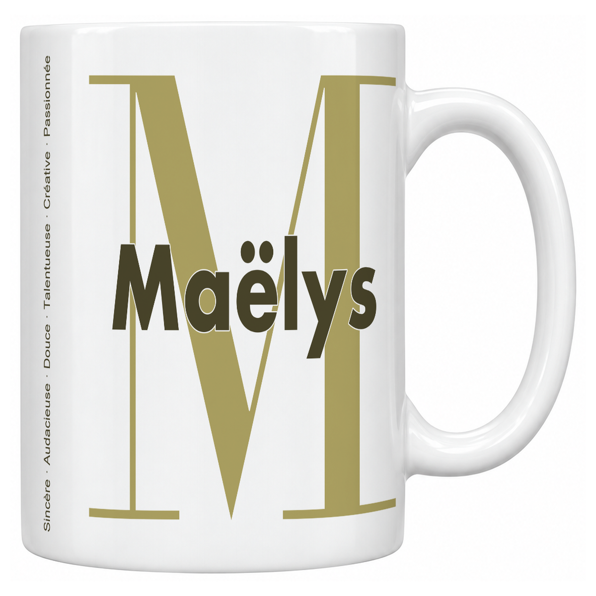 Mug blanc céramique 330 ml prénom Maëlys : grande initiale M, prénom Maëlys en lettres bold et six qualités verticales sur le côté