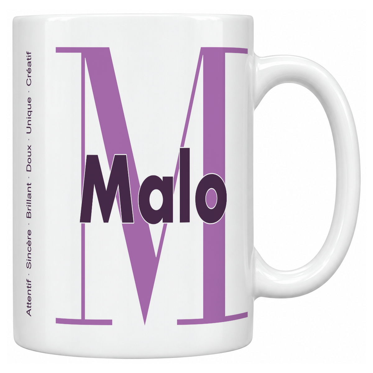 Mug blanc céramique 330 ml prénom Malo : grande initiale M, prénom Malo en lettres bold et six qualités verticales sur le côté