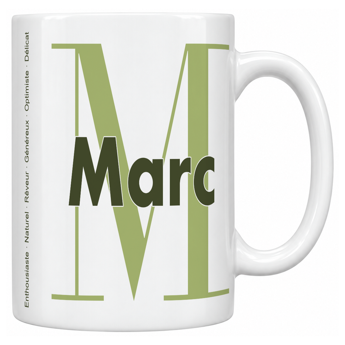 Mug blanc céramique 330 ml prénom Marc : grande initiale M, prénom Marc en lettres bold et six qualités verticales sur le côté