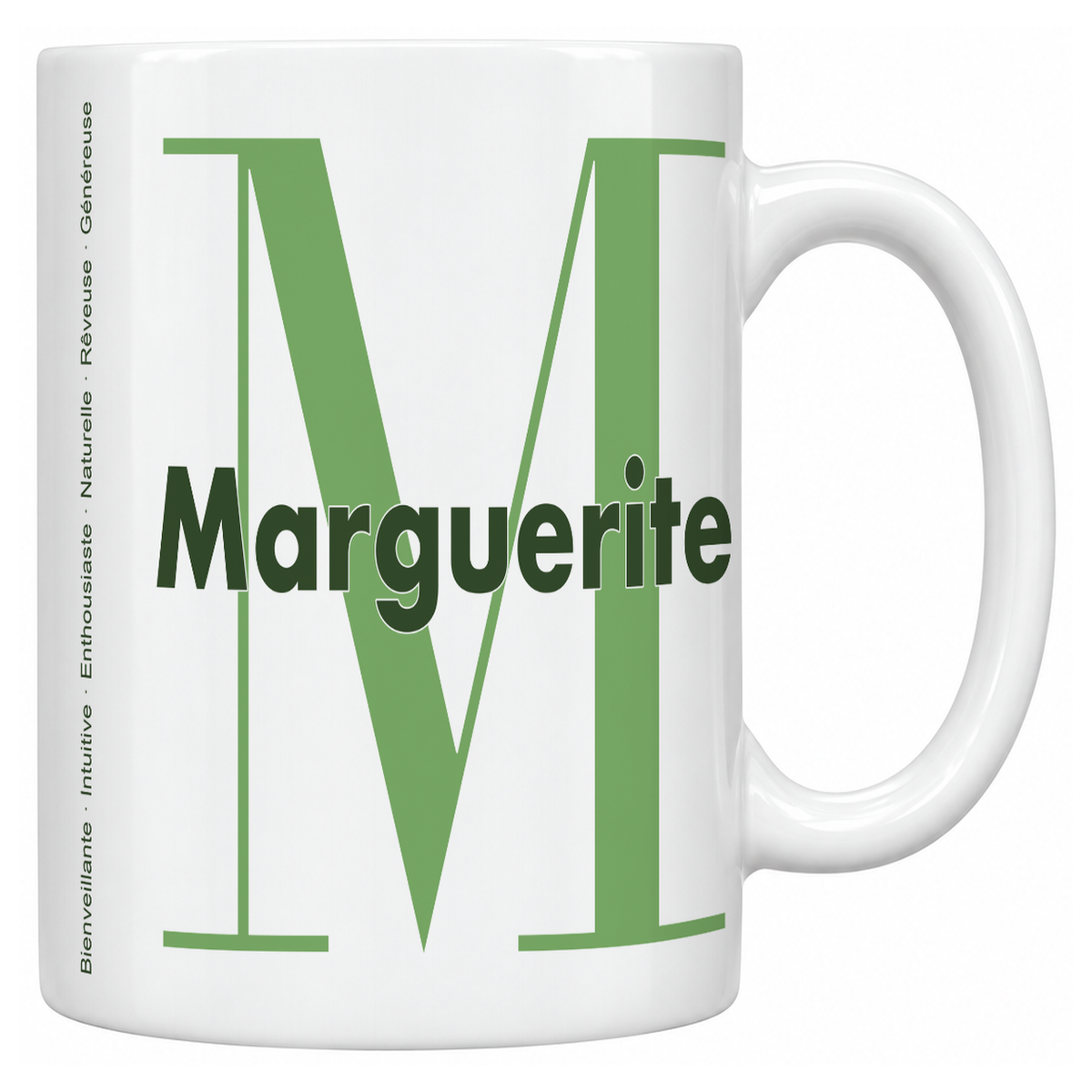 Mug blanc céramique 330 ml prénom Marguerite : grande initiale M, prénom Marguerite en lettres bold et six qualités verticales sur le côté