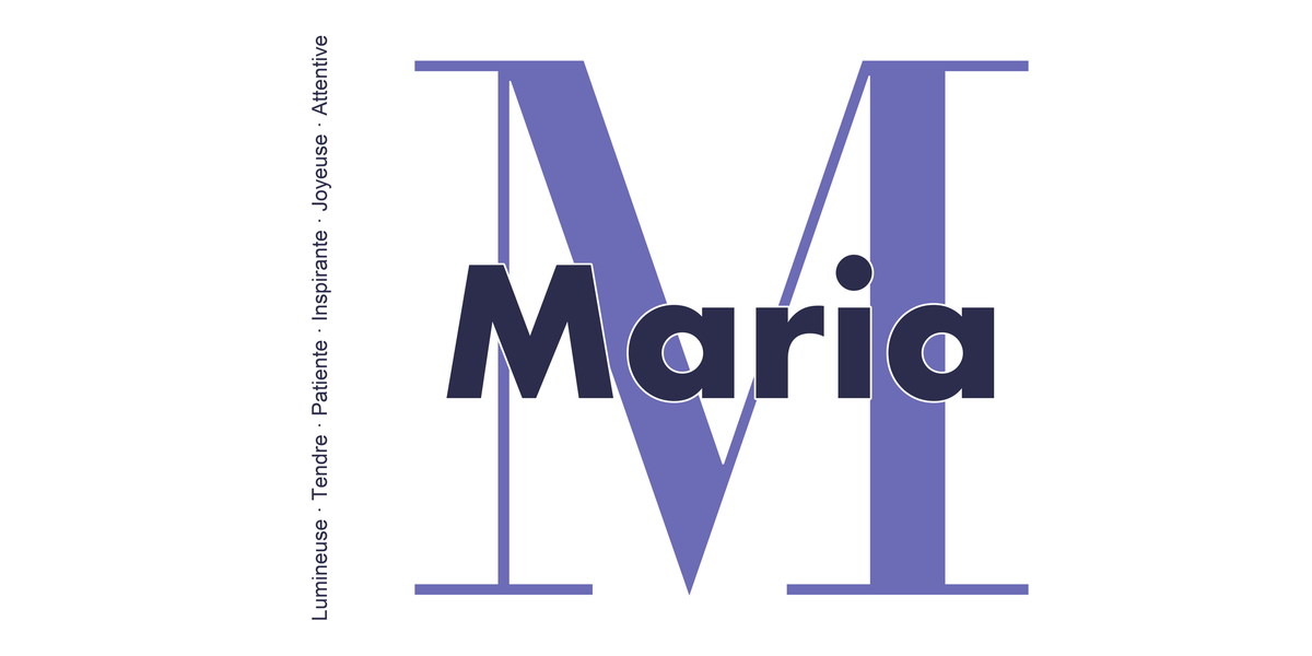Visuel à plat du mug prénom Maria : initiale M pleine hauteur, prénom Maria centré et ligne verticale « Lumineuse · Tendre · Patiente · Inspirante · Joyeuse · Attentive »