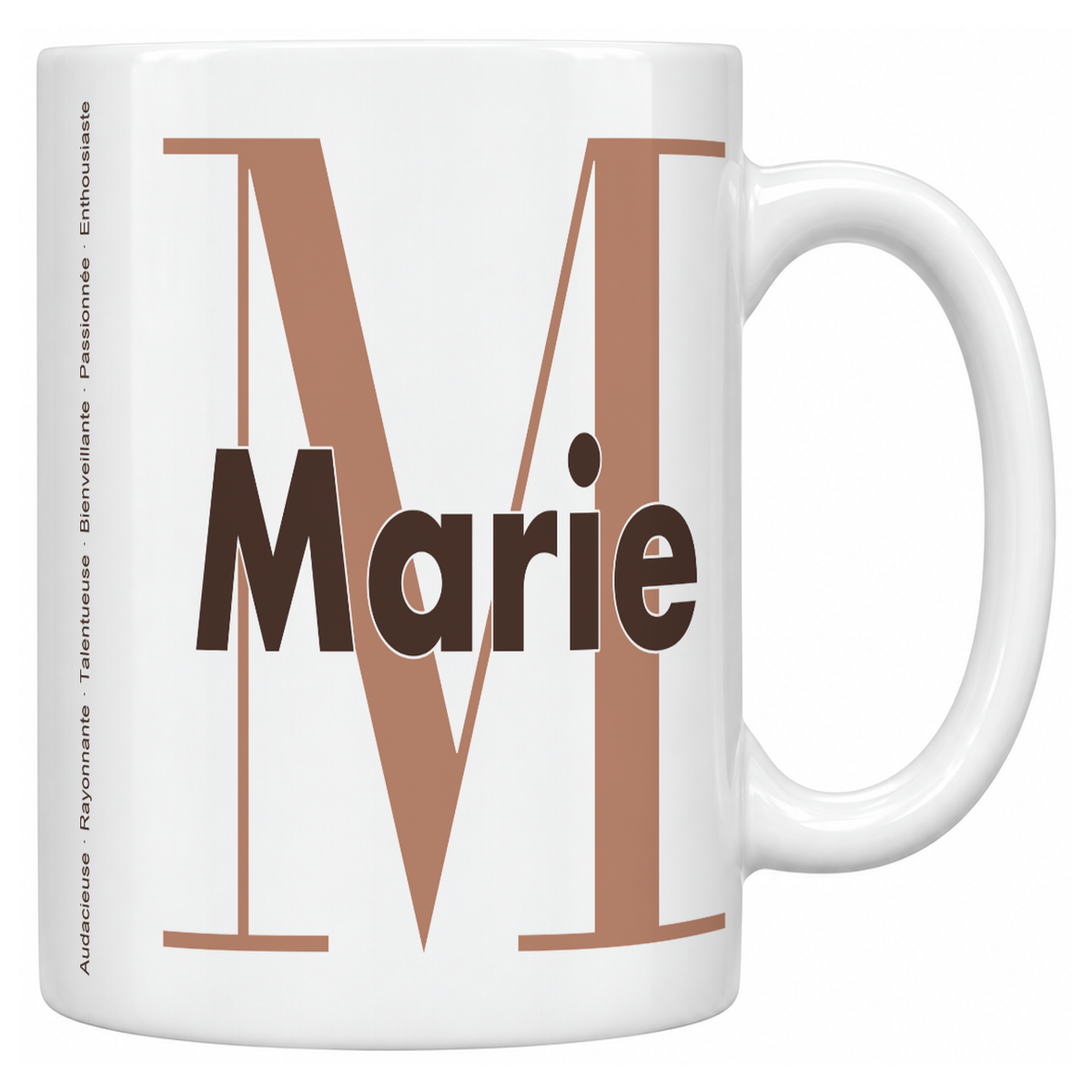 Mug blanc céramique 330 ml prénom Marie : grande initiale M, prénom Marie en lettres bold et six qualités verticales sur le côté