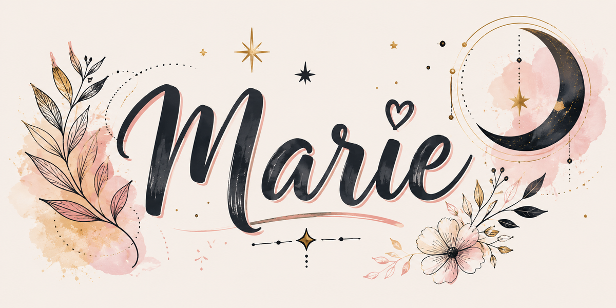 Visuel prénom Marie : lettrage au pinceau, lune noire cerclée d'or, étoiles, feuillage et fleur au trait