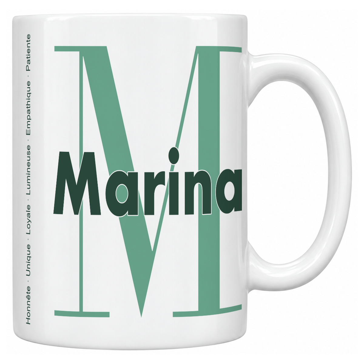 Mug blanc céramique 330 ml prénom Marina : grande initiale M, prénom Marina en lettres bold et six qualités verticales sur le côté