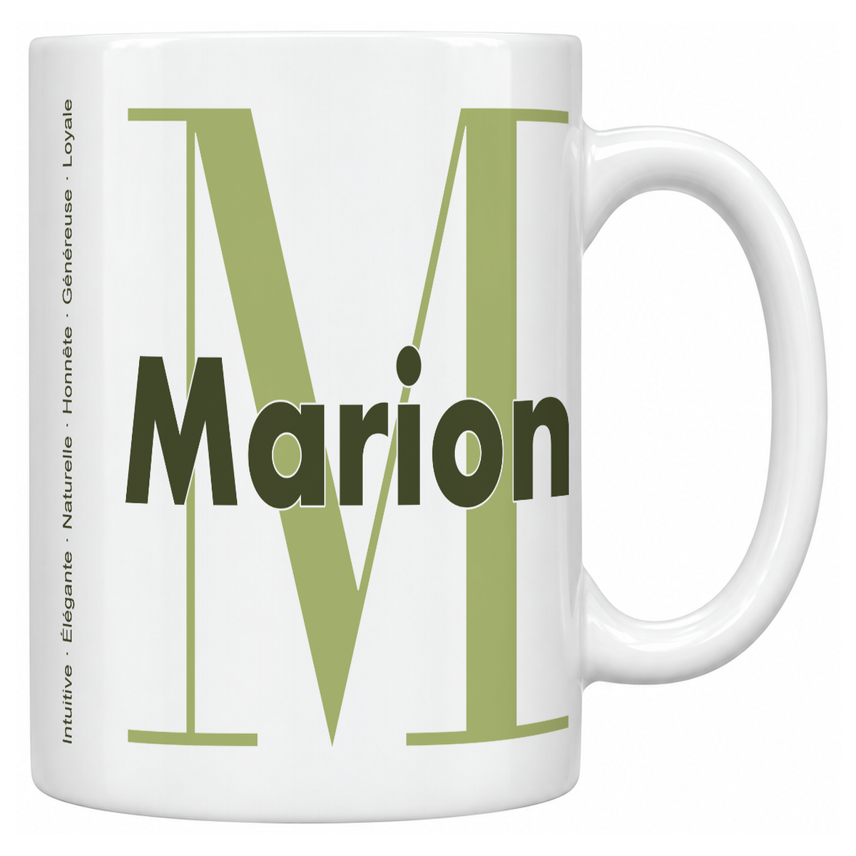 Mug blanc céramique 330 ml prénom Marion : grande initiale M, prénom Marion en lettres bold et six qualités verticales sur le côté