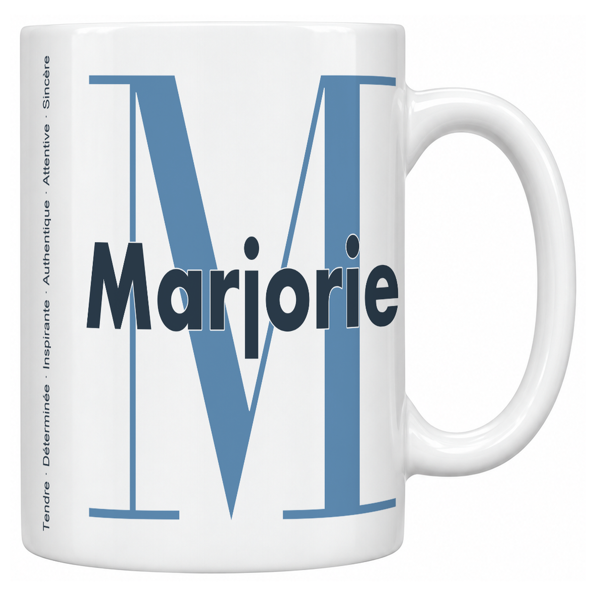 Mug blanc céramique 330 ml prénom Marjorie : grande initiale M, prénom Marjorie en lettres bold et six qualités verticales sur le côté