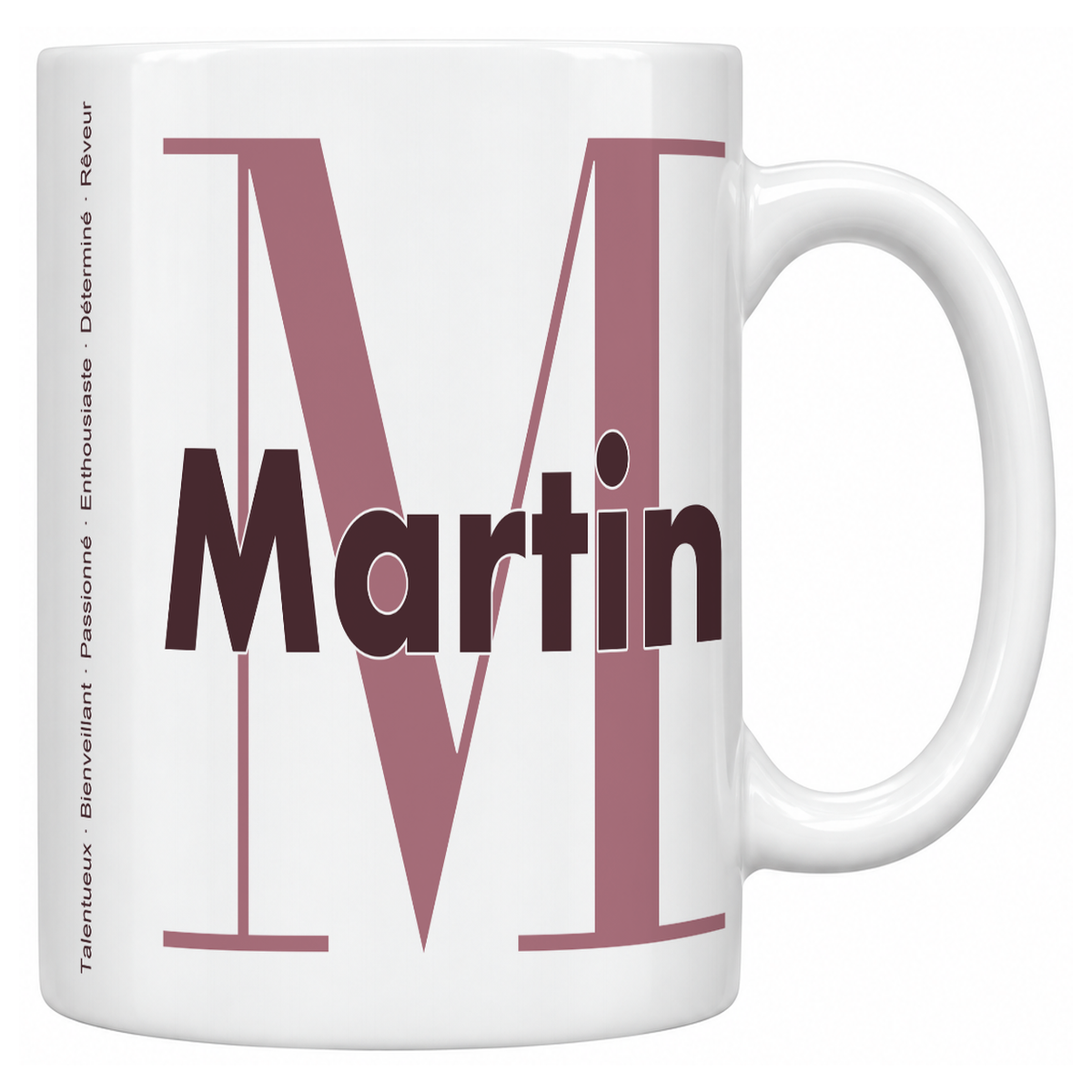 Mug blanc céramique 330 ml prénom Martin : grande initiale M, prénom Martin en lettres bold et six qualités verticales sur le côté