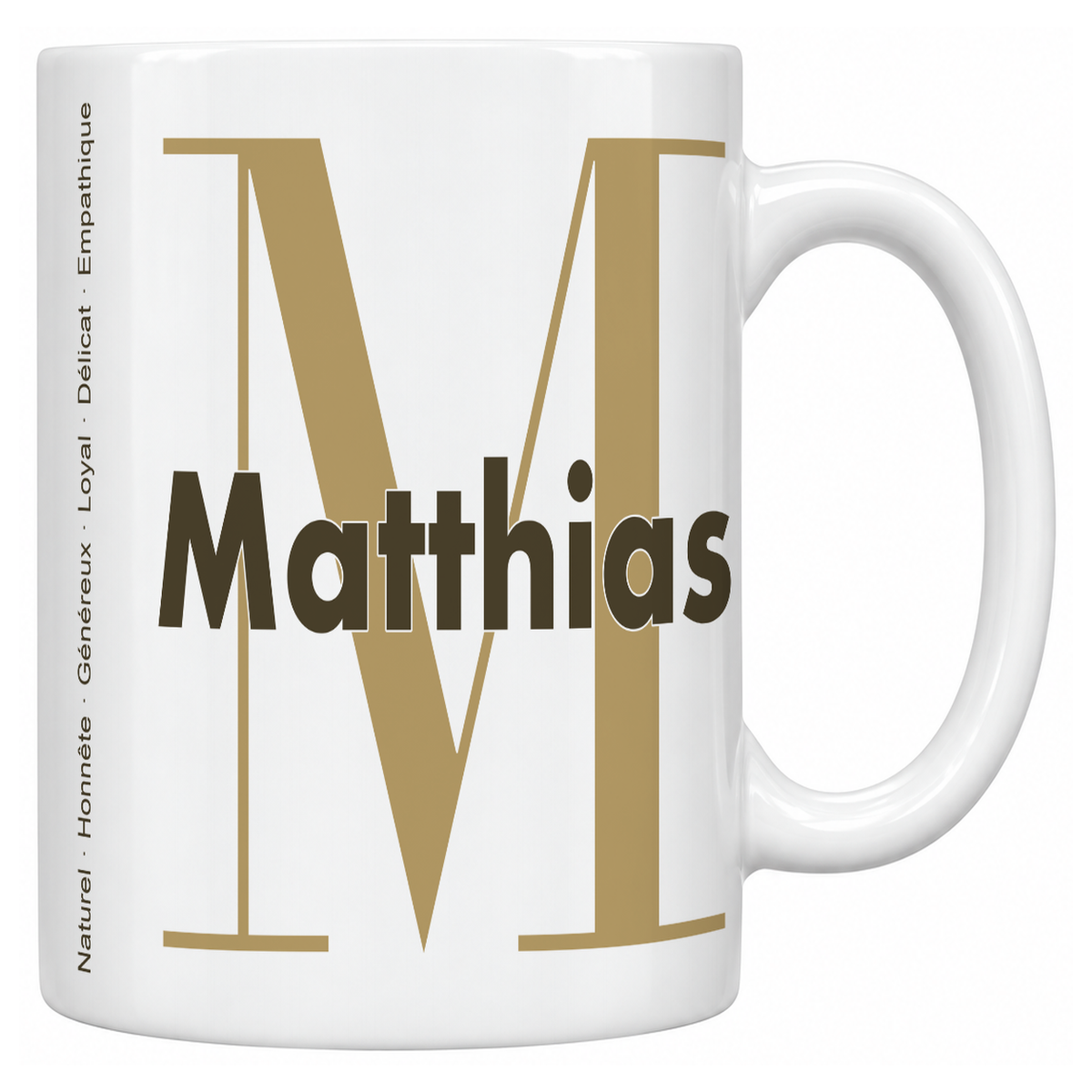 Mug blanc céramique 330 ml prénom Matthias : grande initiale M, prénom Matthias en lettres bold et six qualités verticales sur le côté