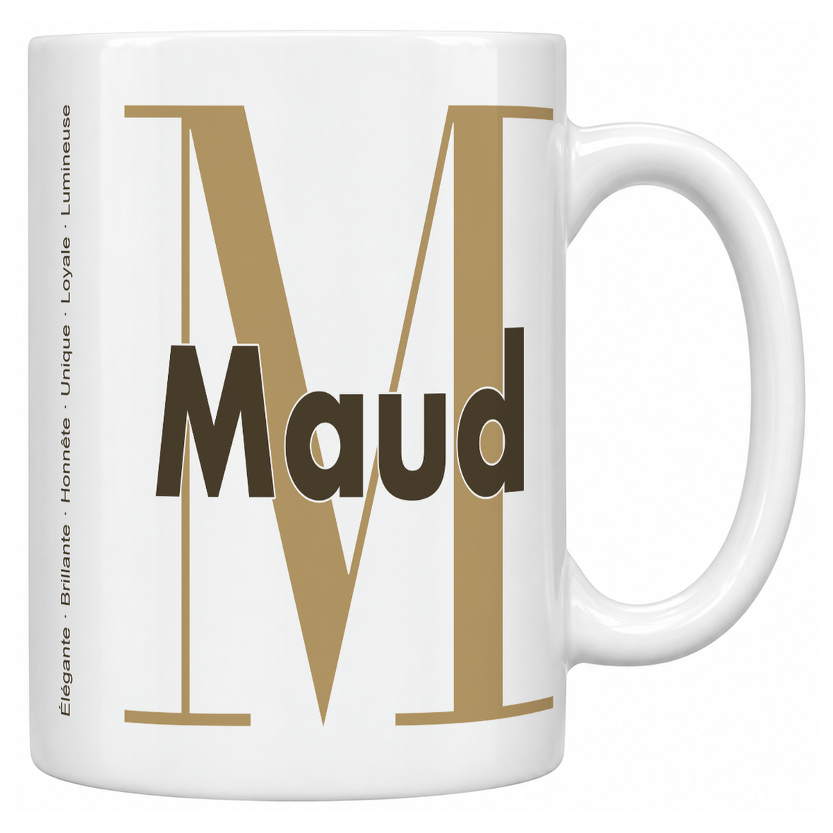 Mug blanc céramique 330 ml prénom Maud : grande initiale M, prénom Maud en lettres bold et six qualités verticales sur le côté