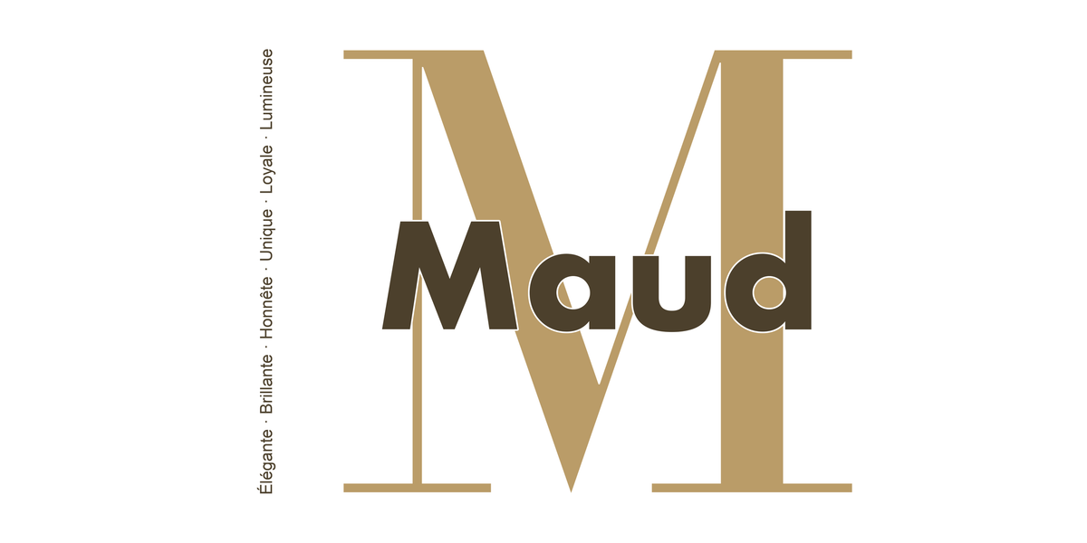 Visuel à plat du mug prénom Maud : initiale M pleine hauteur, prénom Maud centré et ligne verticale « Élégante · Brillante · Honnête · Unique · Loyale · Lumineuse »