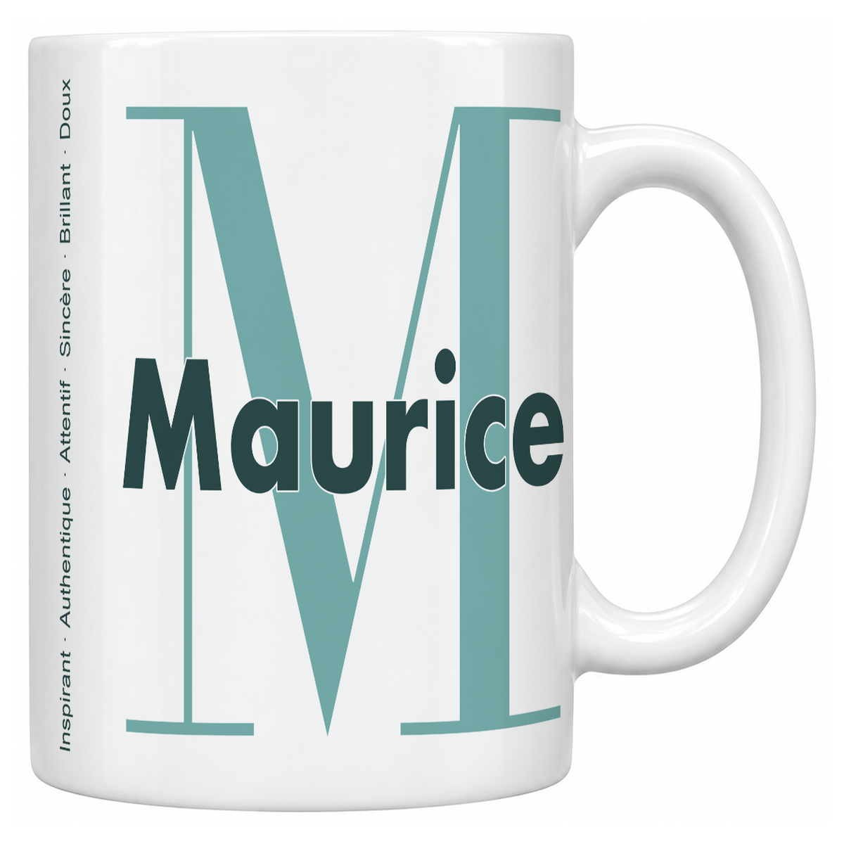 Mug blanc céramique 330 ml prénom Maurice : grande initiale M, prénom Maurice en lettres bold et six qualités verticales sur le côté