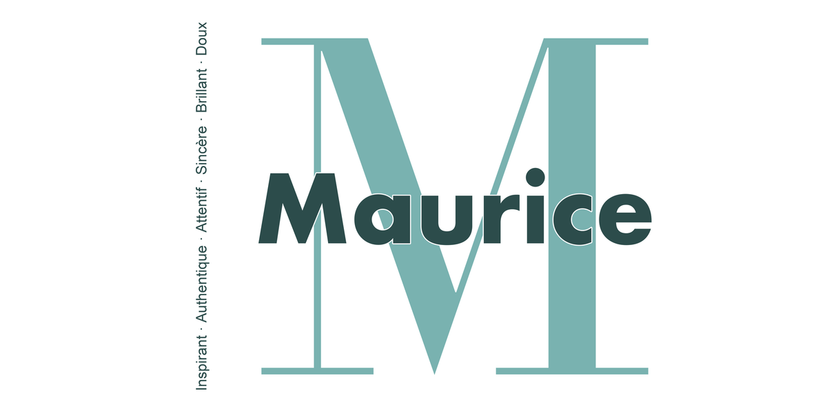 Visuel à plat du mug prénom Maurice : initiale M pleine hauteur, prénom Maurice centré et ligne verticale « Inspirant · Authentique · Attentif · Sincère · Brillant · Doux »