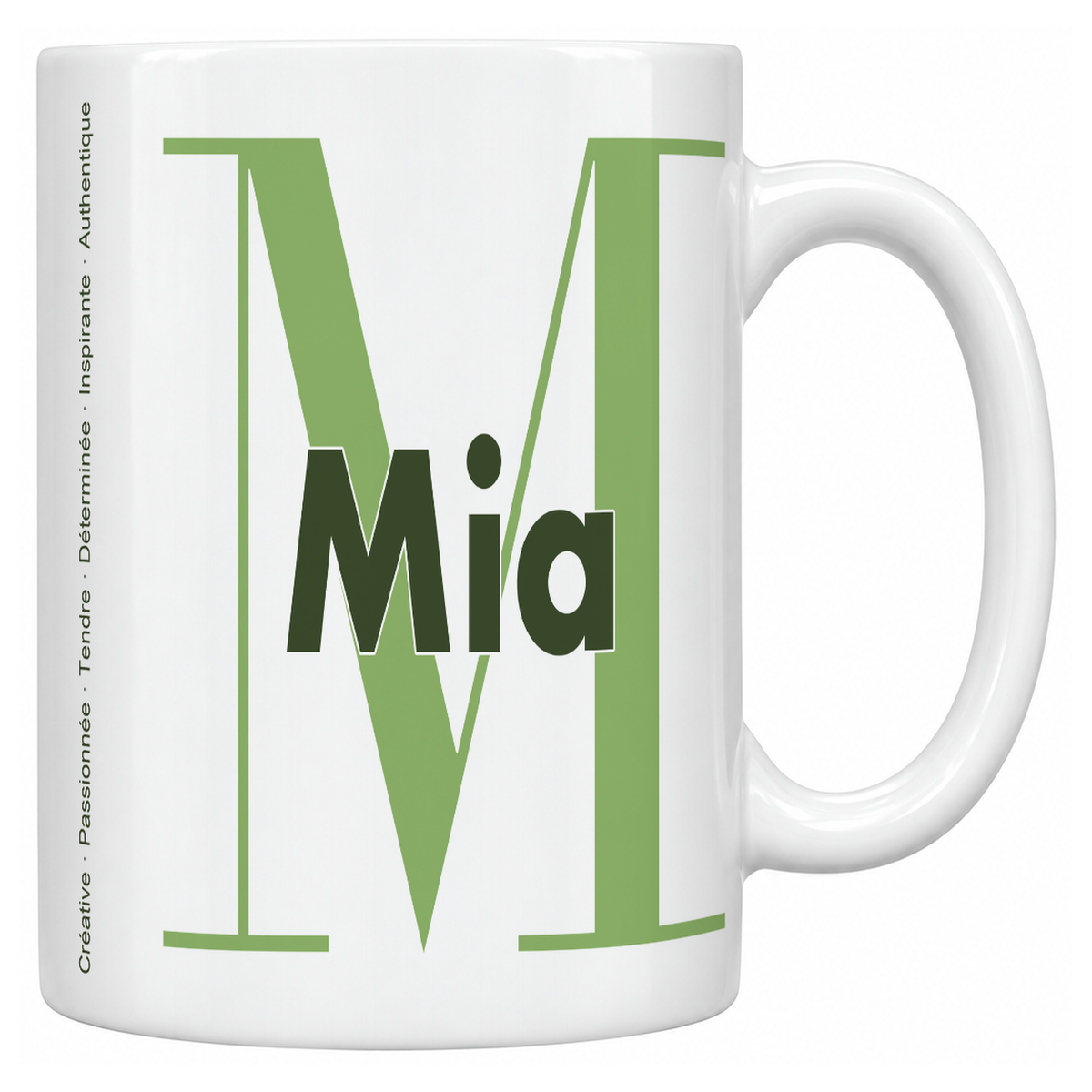 Mug blanc céramique 330 ml prénom Mia : grande initiale M, prénom Mia en lettres bold et six qualités verticales sur le côté