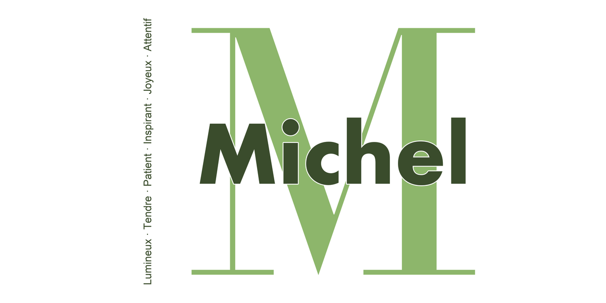 Visuel à plat du mug prénom Michel : initiale M pleine hauteur, prénom Michel centré et ligne verticale « Lumineux · Tendre · Patient · Inspirant · Joyeux · Attentif »