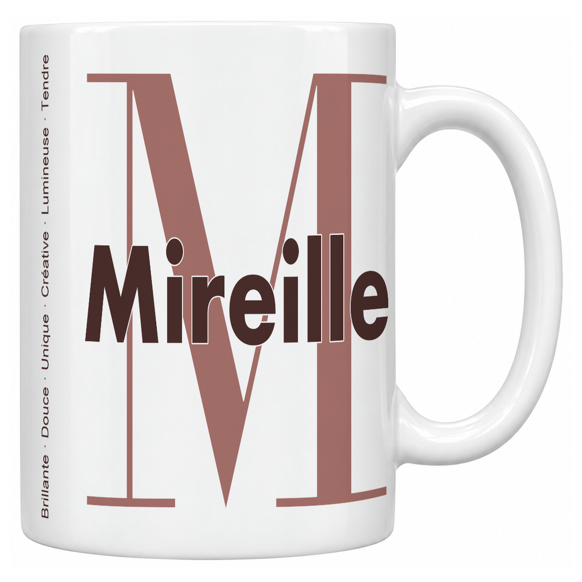 Mug blanc céramique 330 ml prénom Mireille : grande initiale M, prénom Mireille en lettres bold et six qualités verticales sur le côté