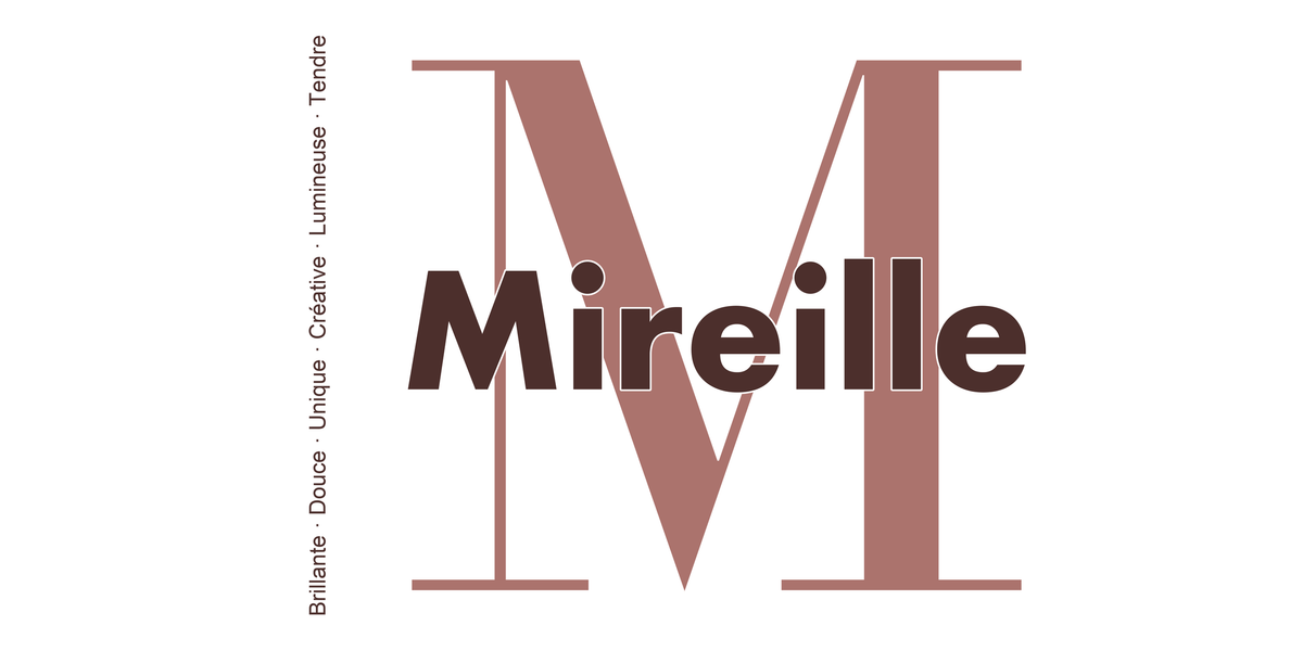Visuel à plat du mug prénom Mireille : initiale M pleine hauteur, prénom Mireille centré et ligne verticale « Brillante · Douce · Unique · Créative · Lumineuse · Tendre »