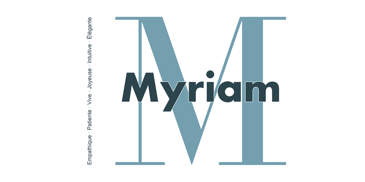 Visuel à plat du mug prénom Myriam : initiale M pleine hauteur, prénom Myriam centré et ligne verticale « Empathique · Patiente · Vive · Joyeuse · Intuitive · Élégante »