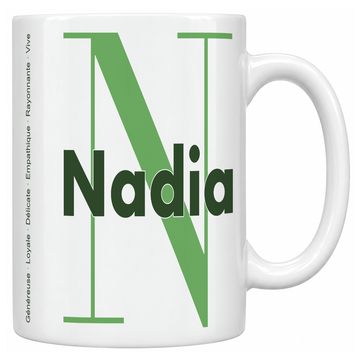 Mug blanc céramique 330 ml prénom Nadia : grande initiale N, prénom Nadia en lettres bold et six qualités verticales sur le côté
