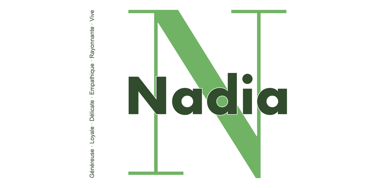 Visuel à plat du mug prénom Nadia : initiale N pleine hauteur, prénom Nadia centré et ligne verticale « Généreuse · Loyale · Délicate · Empathique · Rayonnante · Vive »