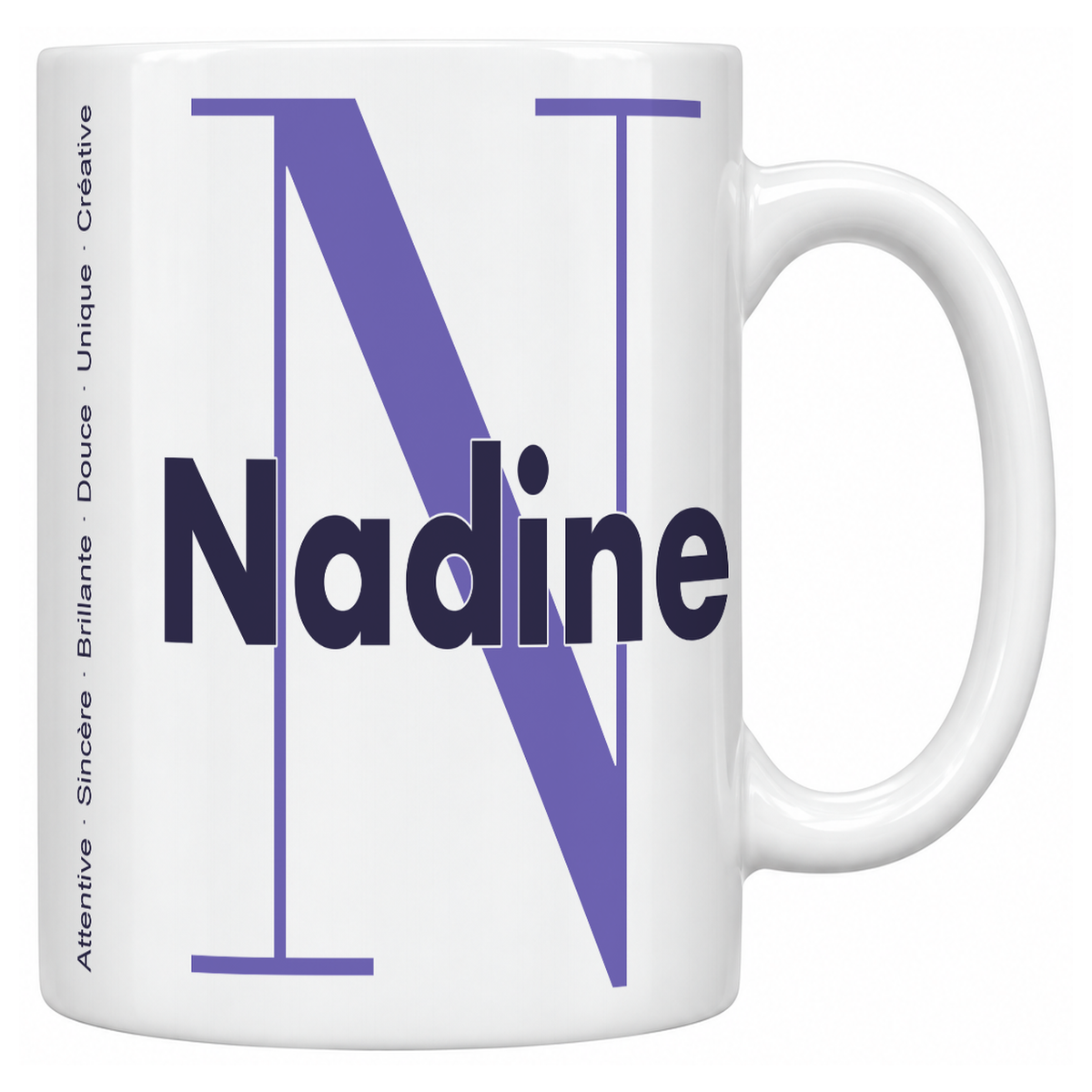 Mug blanc céramique 330 ml prénom Nadine : grande initiale N, prénom Nadine en lettres bold et six qualités verticales sur le côté