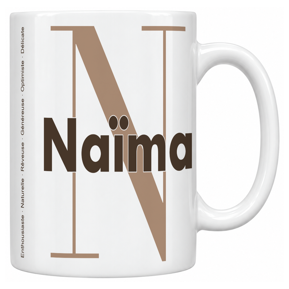Mug blanc céramique 330 ml prénom Naïma : grande initiale N, prénom Naïma en lettres bold et six qualités verticales sur le côté