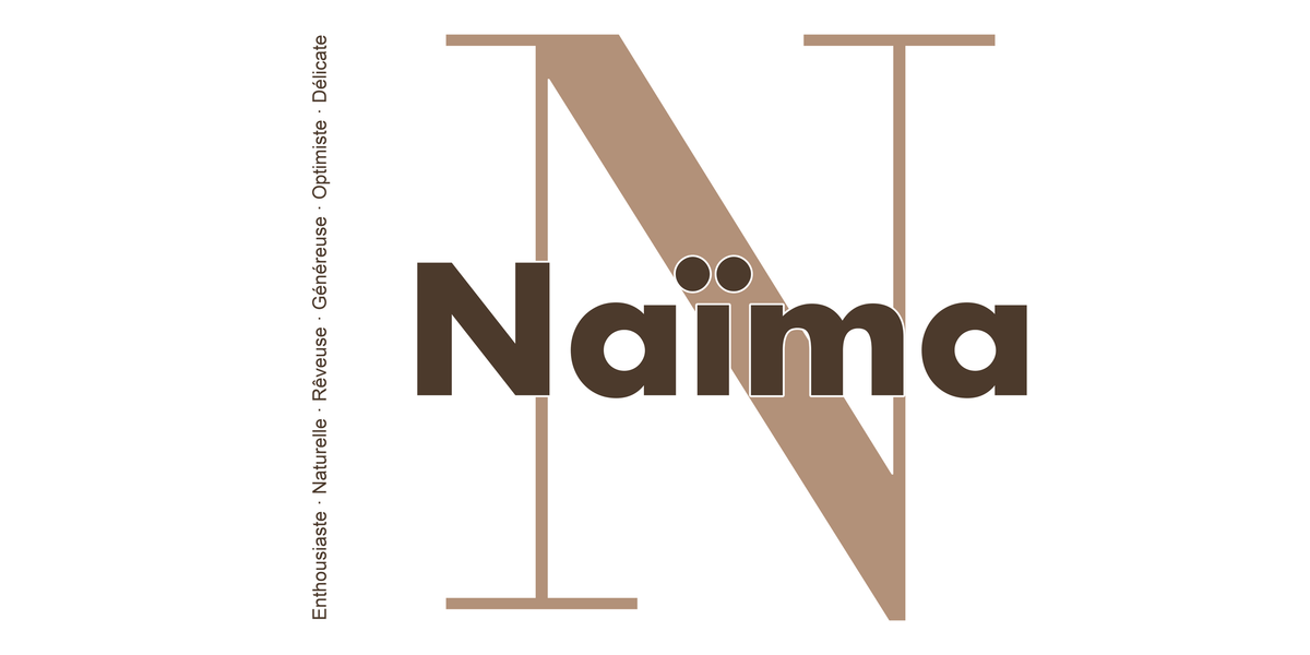 Visuel à plat du mug prénom Naïma : initiale N pleine hauteur, prénom Naïma centré et ligne verticale « Enthousiaste · Naturelle · Rêveuse · Généreuse · Optimiste · Délicate »