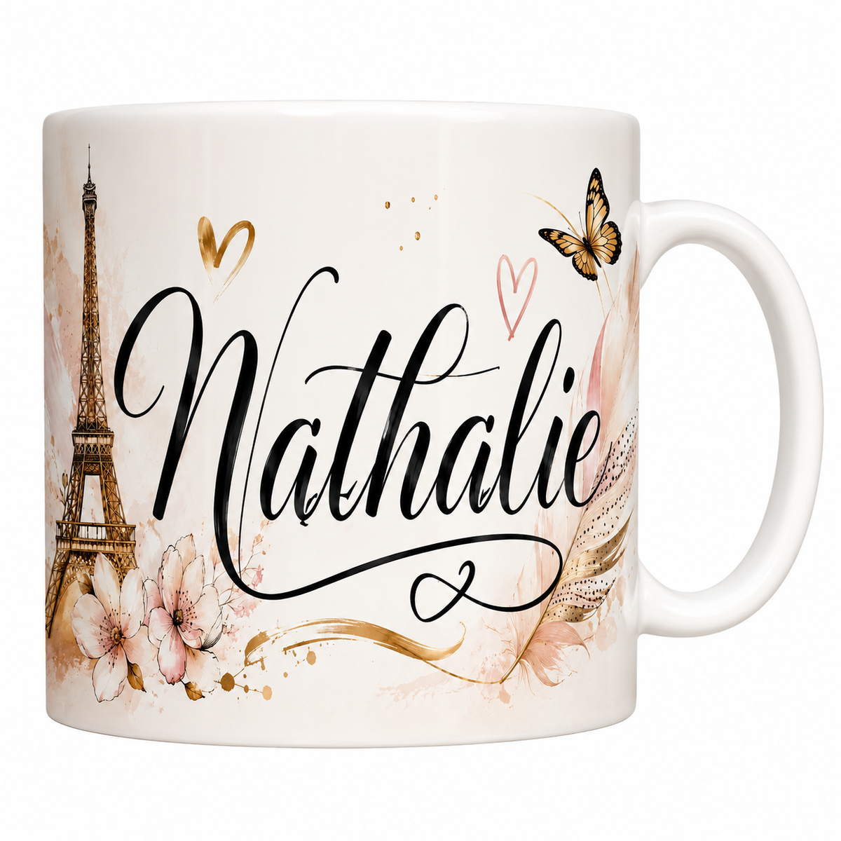 Mug Prénom Nathalie en céramique blanche, calligraphie noire, Tour Eiffel et plume rose et or