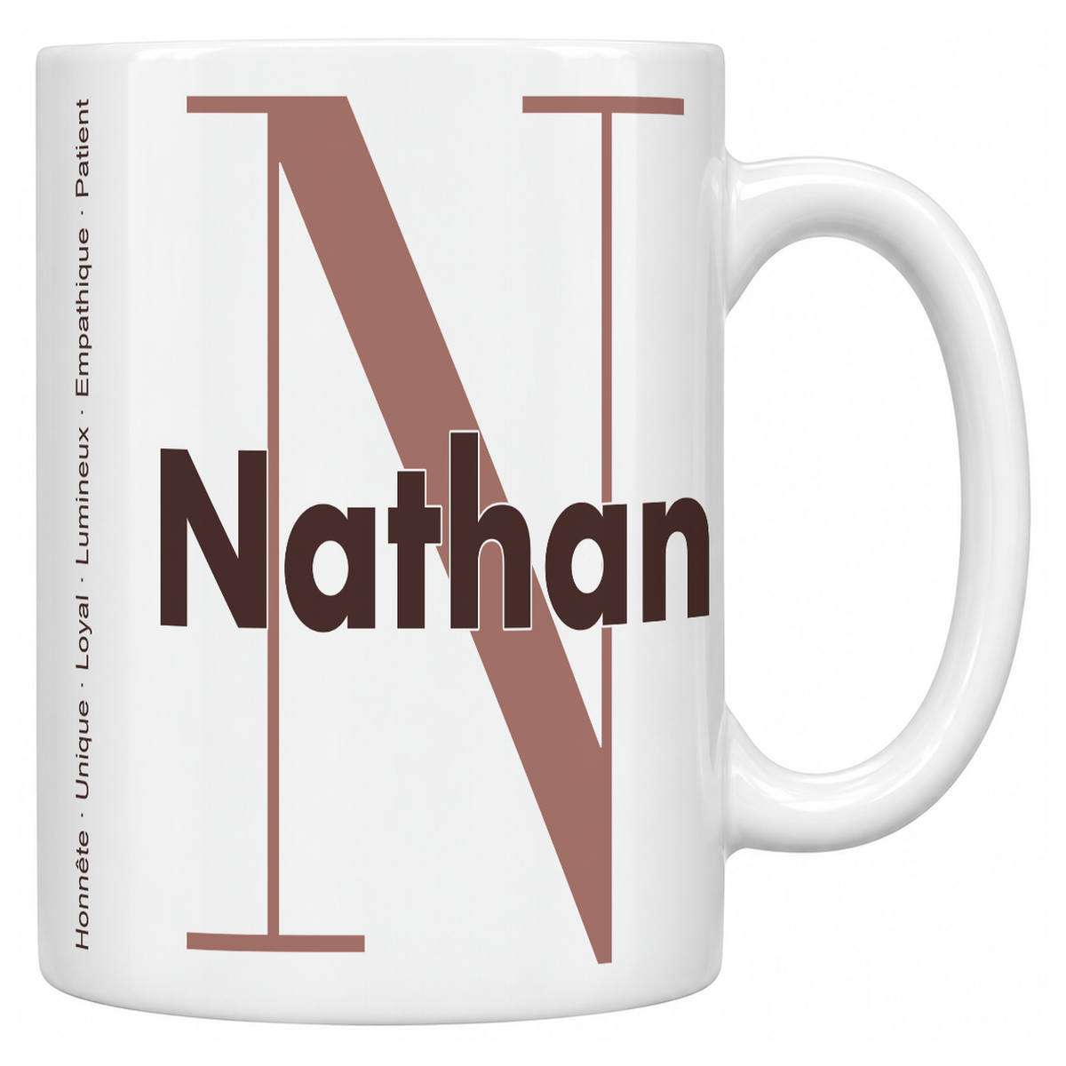 Mug blanc céramique 330 ml prénom Nathan : grande initiale N, prénom Nathan en lettres bold et six qualités verticales sur le côté