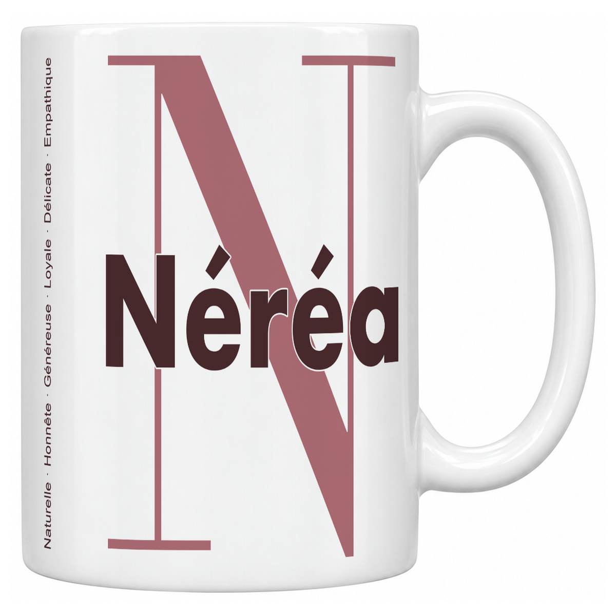 Mug blanc céramique 330 ml prénom Néréa : grande initiale N, prénom Néréa en lettres bold et six qualités verticales sur le côté