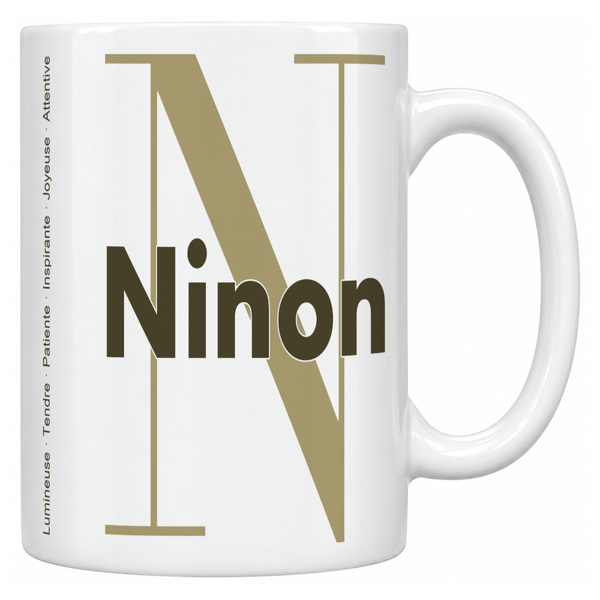 Mug blanc céramique 330 ml prénom Ninon : grande initiale N, prénom Ninon en lettres bold et six qualités verticales sur le côté