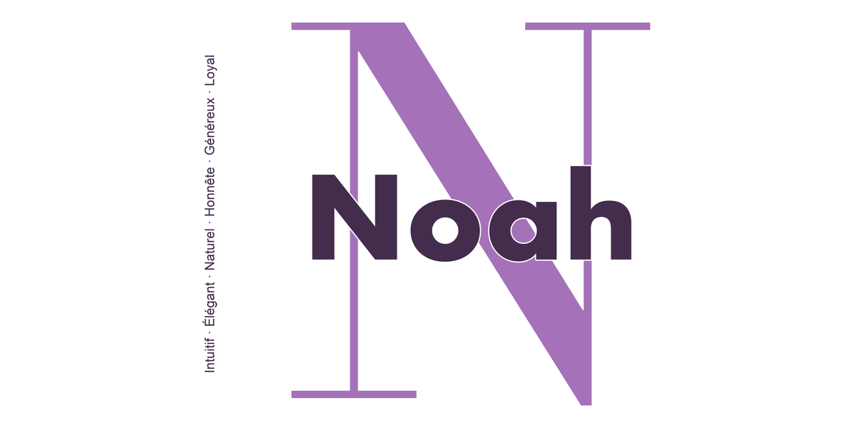 Visuel à plat du mug prénom Noah : initiale N pleine hauteur, prénom Noah centré et ligne verticale « Intuitif · Élégant · Naturel · Honnête · Généreux · Loyal »