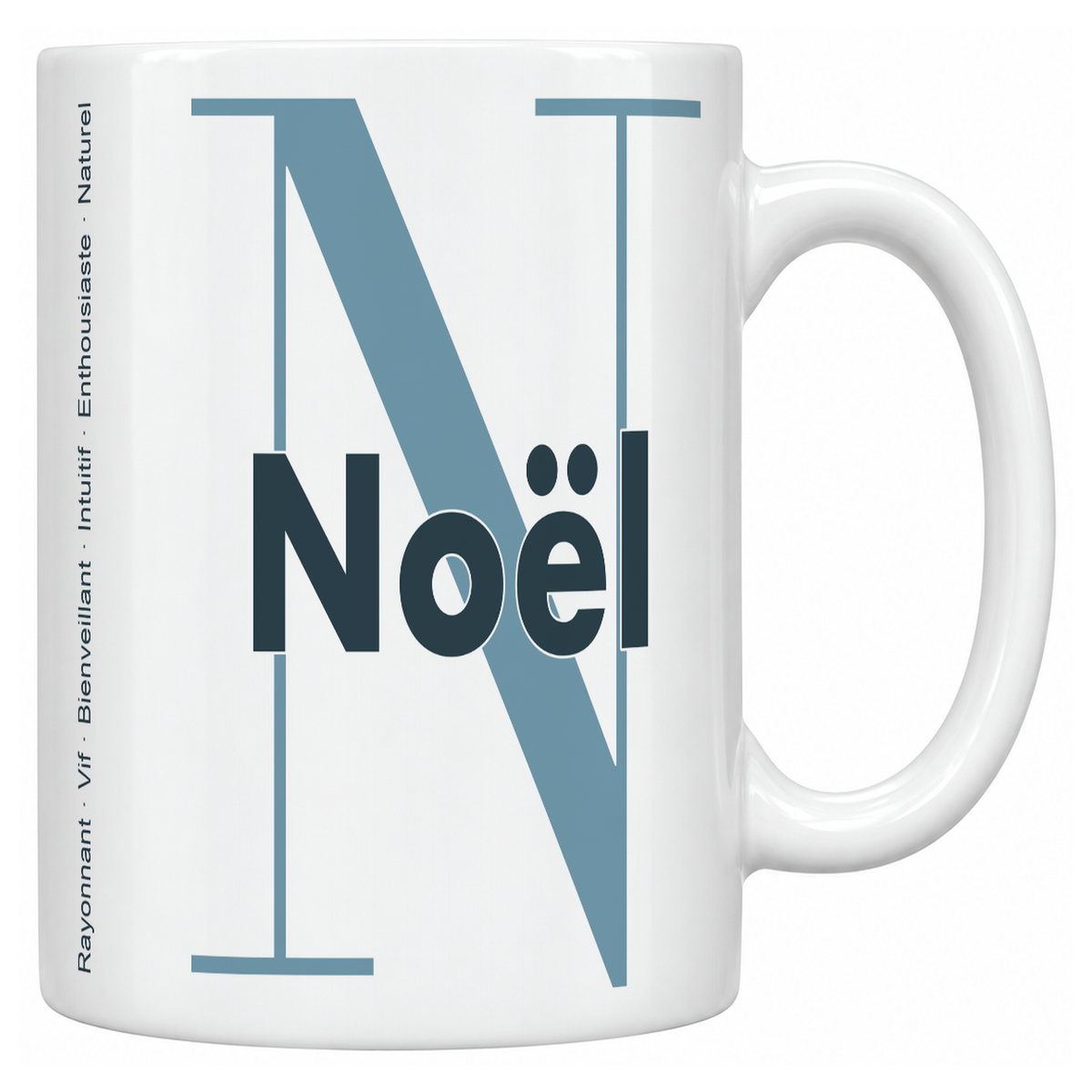 Mug blanc céramique 330 ml prénom Noël : grande initiale N, prénom Noël en lettres bold et six qualités verticales sur le côté