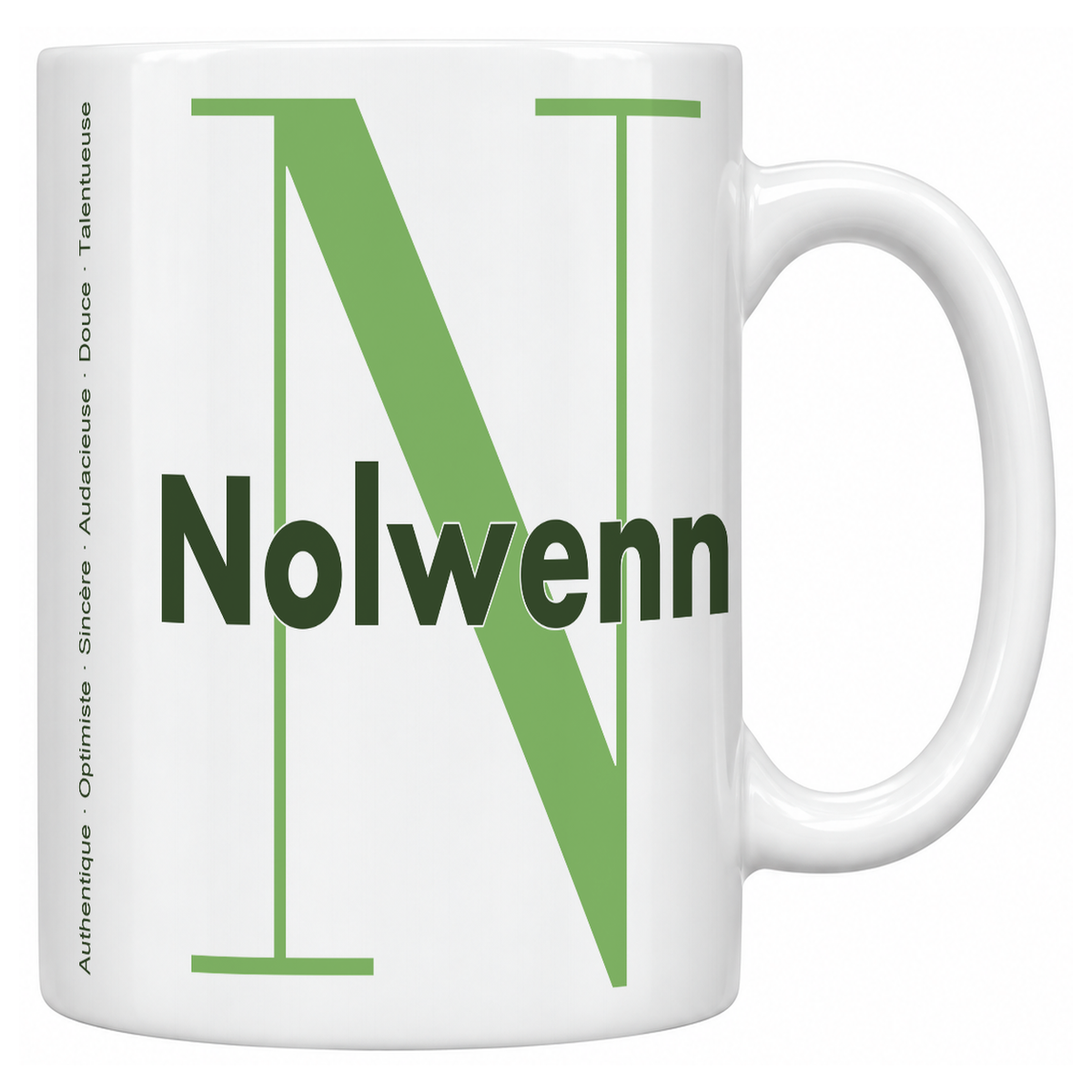 Mug blanc céramique 330 ml prénom Nolwenn : grande initiale N, prénom Nolwenn en lettres bold et six qualités verticales sur le côté