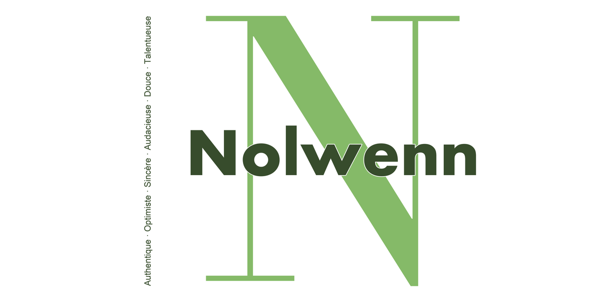 Visuel à plat du mug prénom Nolwenn : initiale N pleine hauteur, prénom Nolwenn centré et ligne verticale « Authentique · Optimiste · Sincère · Audacieuse · Douce · Talentueuse »