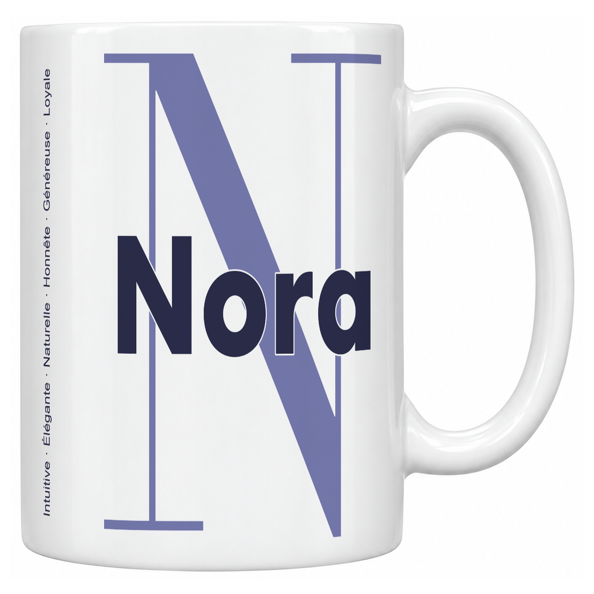 Mug blanc céramique 330 ml prénom Nora : grande initiale N, prénom Nora en lettres bold et six qualités verticales sur le côté