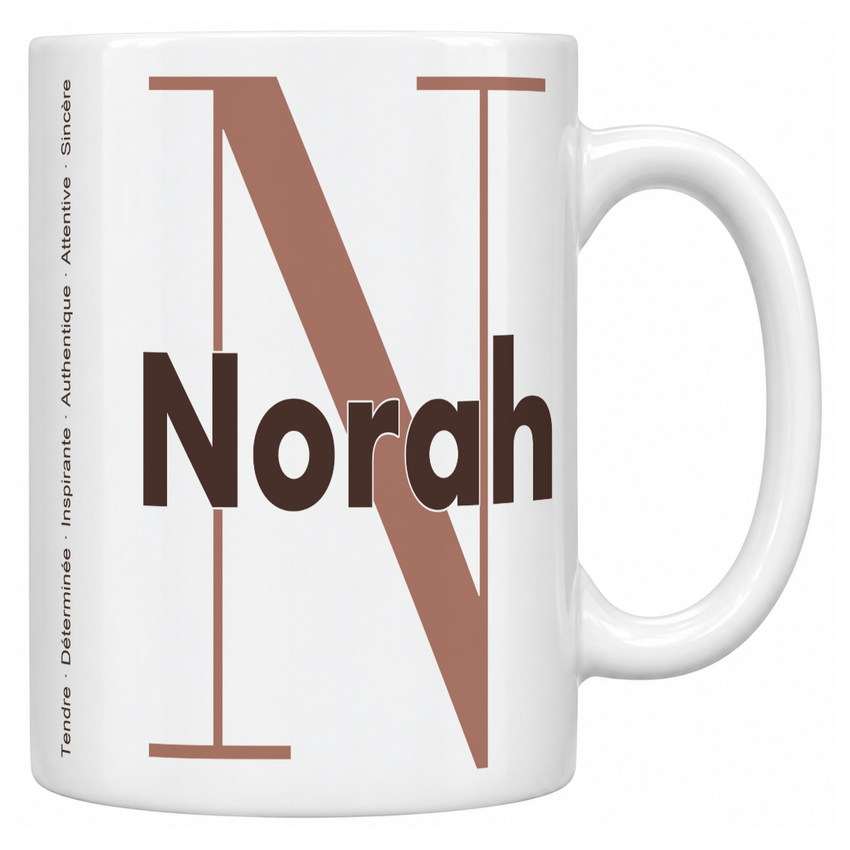 Mug blanc céramique 330 ml prénom Norah : grande initiale N, prénom Norah en lettres bold et six qualités verticales sur le côté