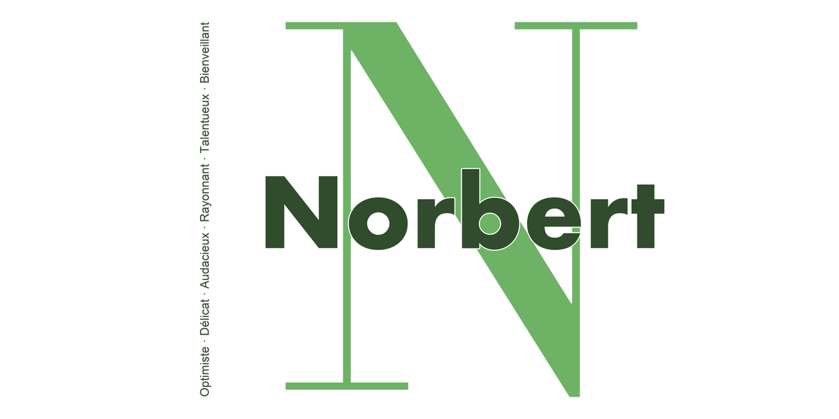 Visuel à plat du mug prénom Norbert : initiale N pleine hauteur, prénom Norbert centré et ligne verticale « Optimiste · Délicat · Audacieux · Rayonnant · Talentueux · Bienveillant »
