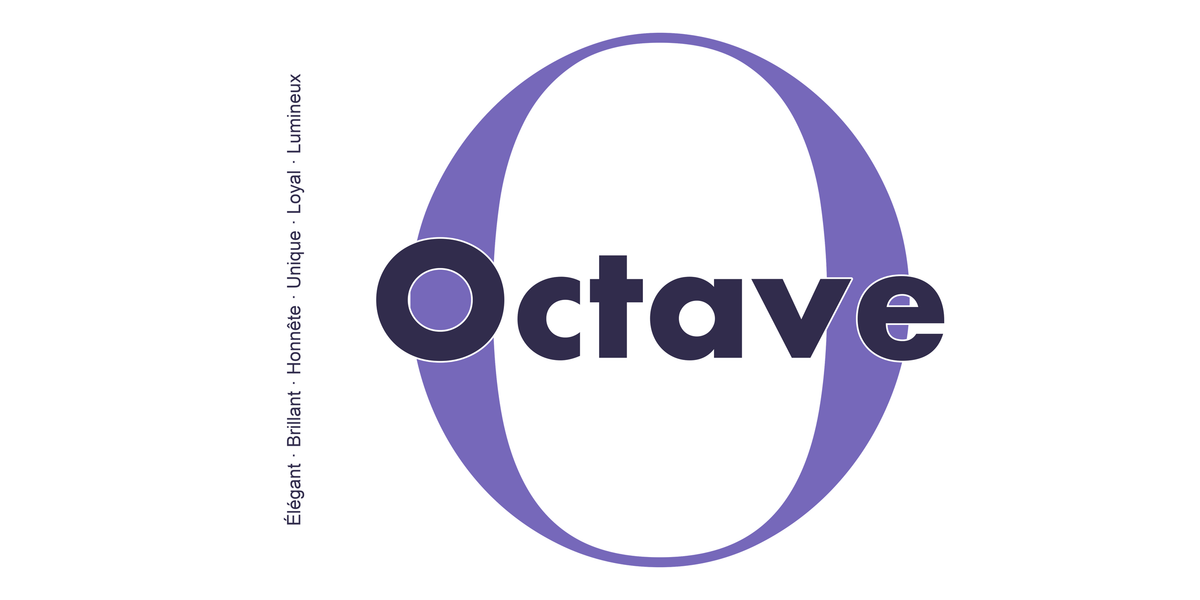 Visuel à plat du mug prénom Octave : initiale O pleine hauteur, prénom Octave centré et ligne verticale « Élégant · Brillant · Honnête · Unique · Loyal · Lumineux »