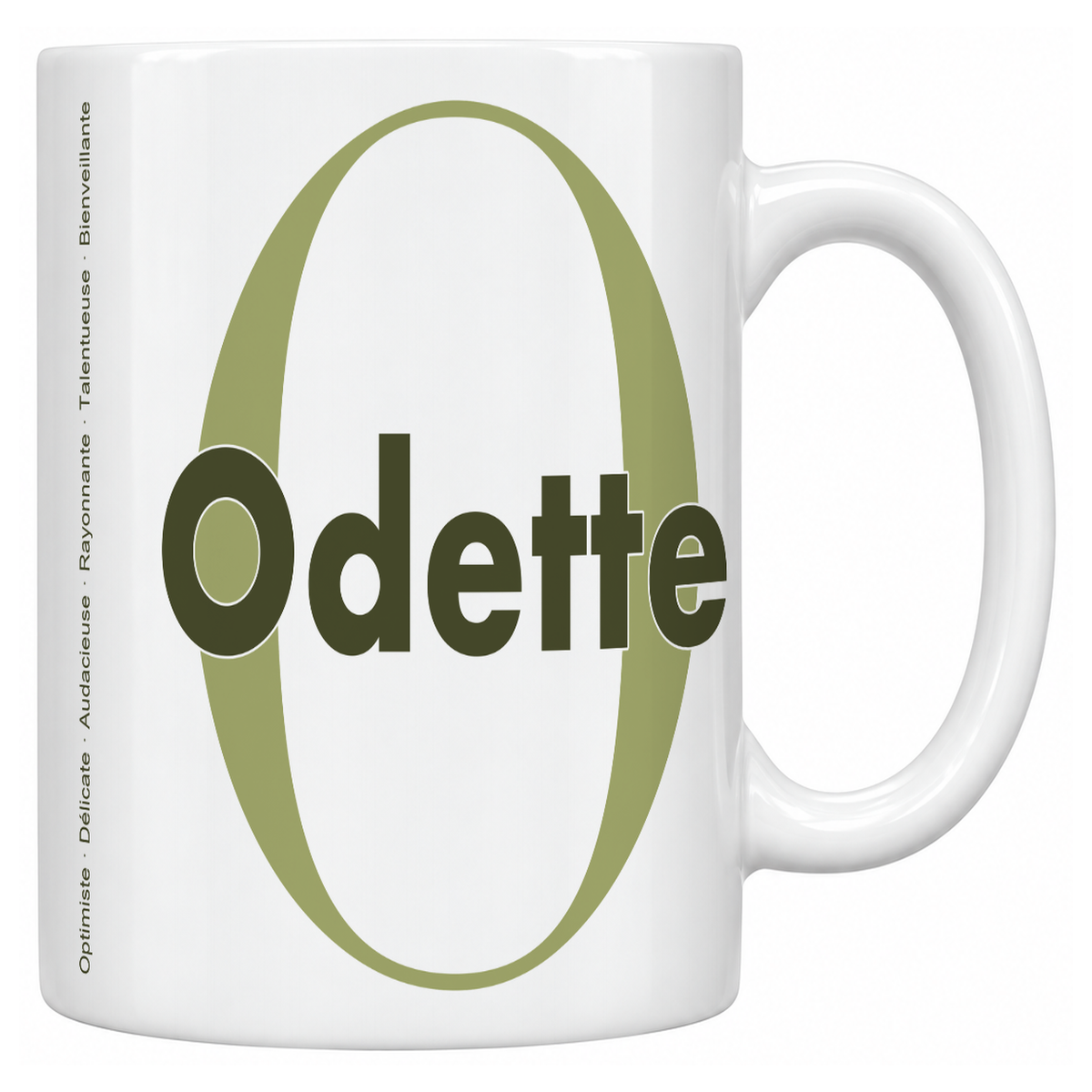 Mug blanc céramique 330 ml prénom Odette : grande initiale O, prénom Odette en lettres bold et six qualités verticales sur le côté